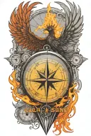 compass representing the course for life over time. Overlapping is a Phoenix rising up from the ashes tattoo design idea
