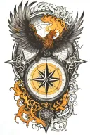 compass representing the course for life over time. Overlapping is a Phoenix rising up from the ashes tattoo design idea