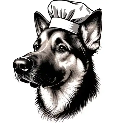 A dotwork tattoo of a German Shepard dog wearing a chef's hat tattoo design idea