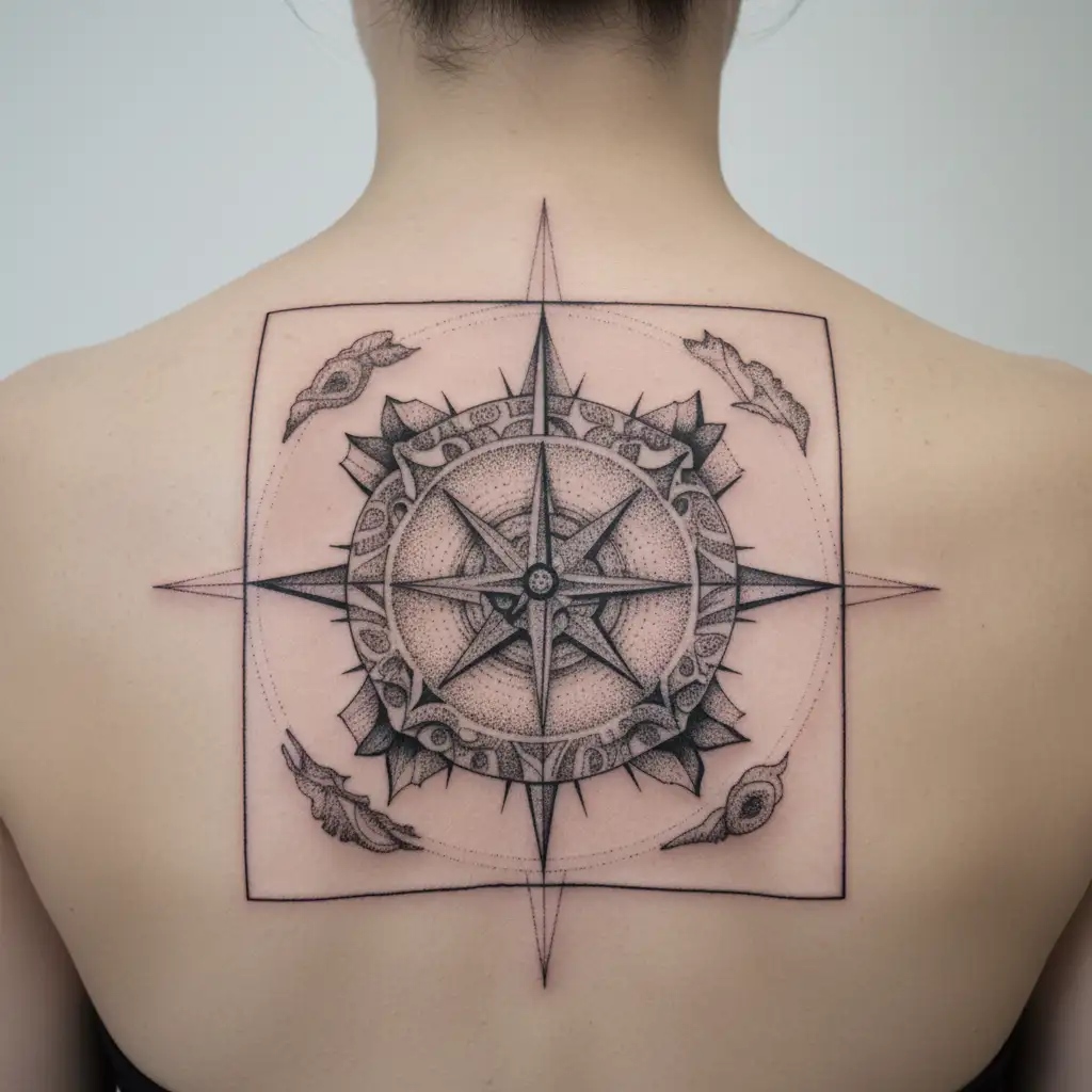 Map of punjab with compass, eagle and rose tattoo design idea