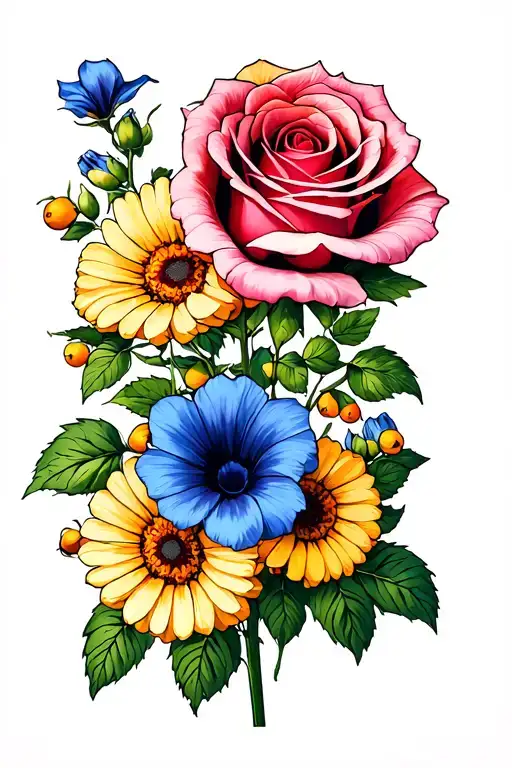 Rose, Morning Glory, daisy, hawthorn, ond marigold tattoo design idea