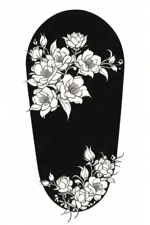 one continours string vine with small roses, small peonies, small daisies, small lotuses that are spaced out tattoo design idea