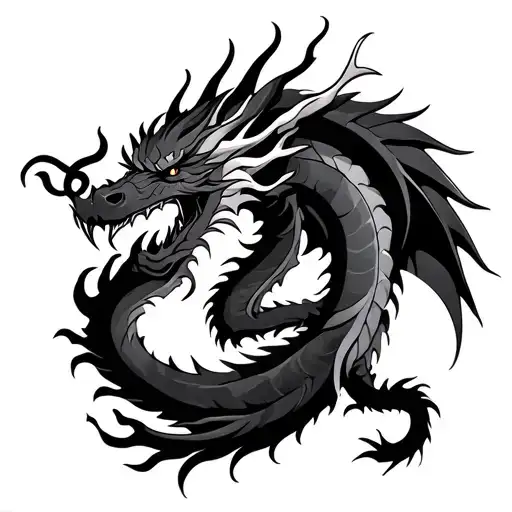 dark, dragon, tattoo, fire, jin jang symbol transformed tattoo design idea