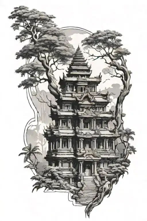 sleeve (forearm). The basis should be Angkor Wat temple, surrounded by nature (rainforest trees, plants and leaves).  tattoo design idea