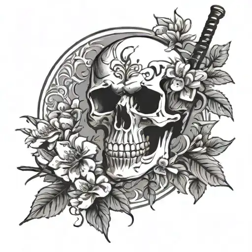 a tattoo with a katana threw a skull that has a blossom tree growing threw it tattoo design idea