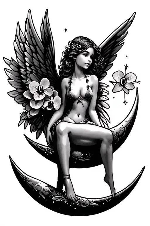 Tattoo Fairy Fairy Angel Wings with Orchid, Star. Not see face. Sitting on a moon tattoo design idea