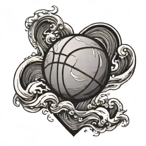 A heart-shaped basketball surrounded by swimming waves, representing your passion for sports and love for your wife tattoo design idea