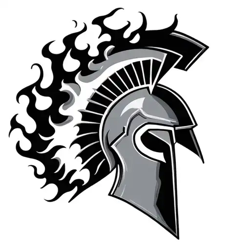 spartan warrior fierce helmet engulfed in flames tattoo design idea