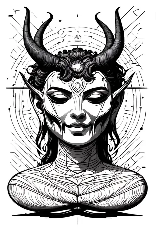 "Love " "Love " buda half meditating devil face emerging sci fi culture tattoo design idea