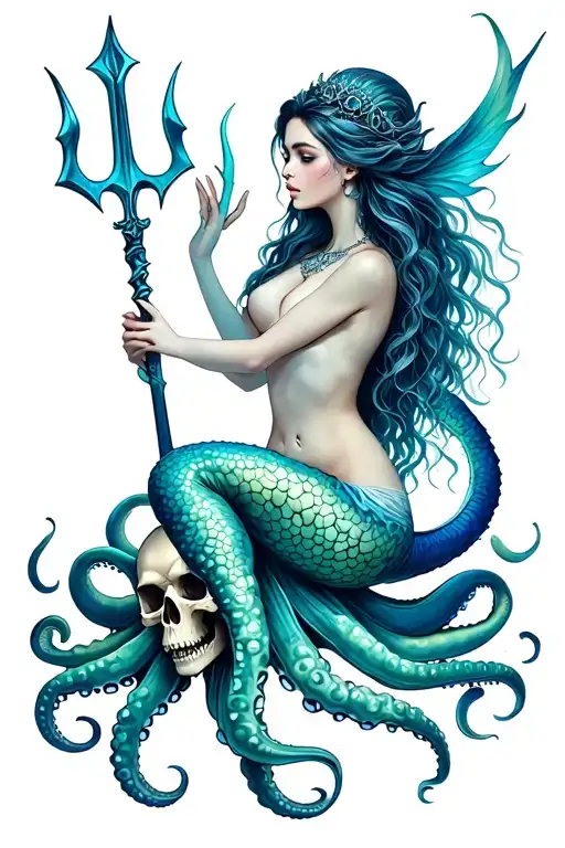 A siren mermaid is sitting on an octopus/skull hybrid and is holding a trident tattoo design idea