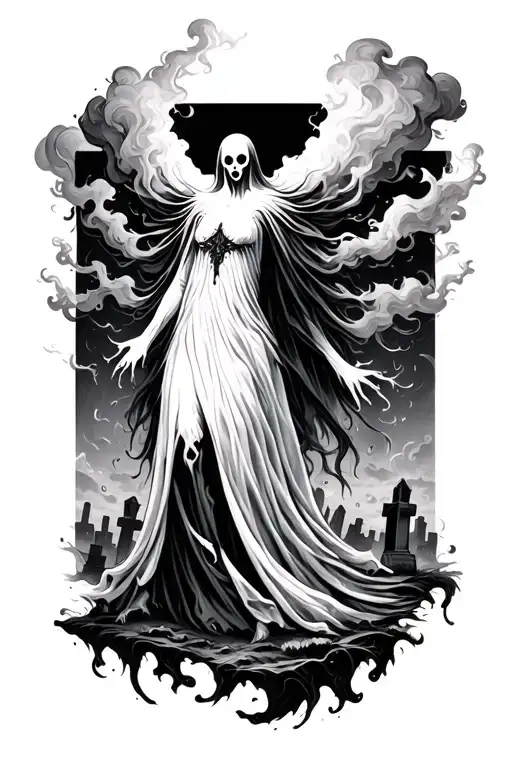 Gothic black tattoo of a ghostly spirit with hollow white eyes, flowing smoke-like body hovering above a graveyard with  tattoo design idea
