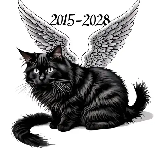 "2015-2028" a majestic black norweigan forest cat with angel wings tattoo design idea