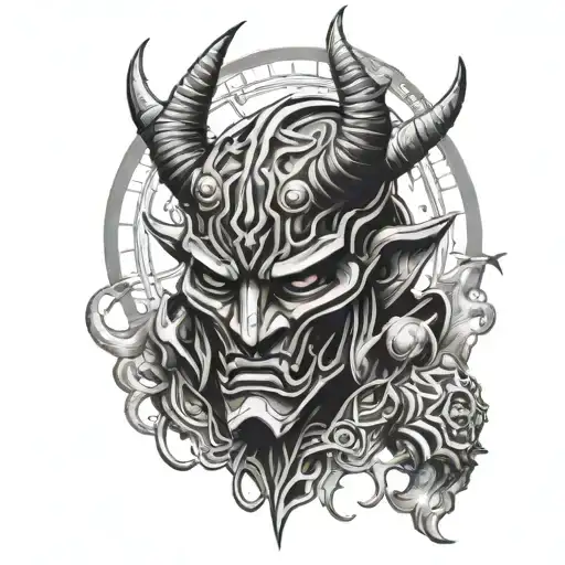 oni demon mask, clock, gladiator helmet tattoo design idea
