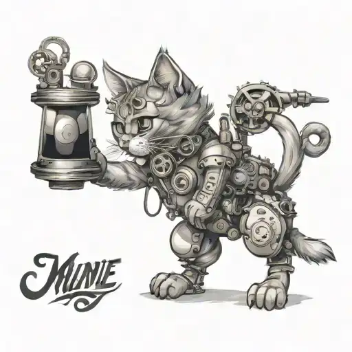 steampunk maine coone cat playing tattoo design idea