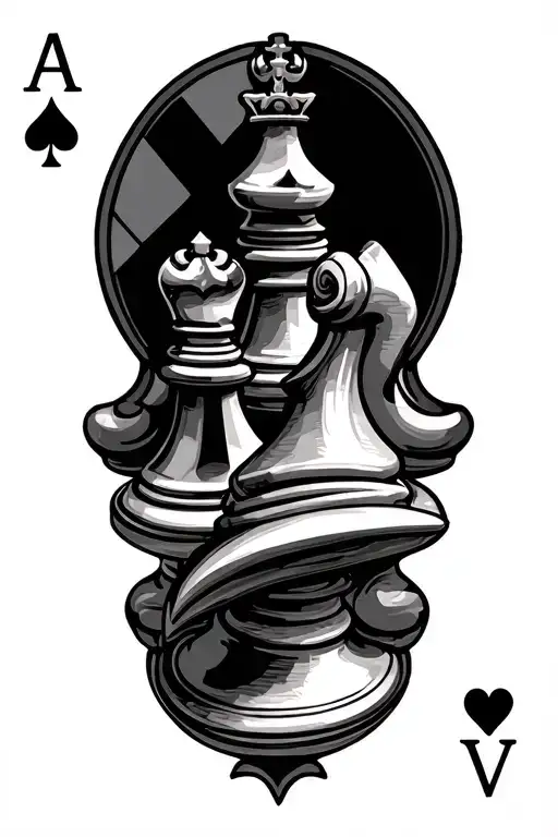 card with king and queen chess piece tattoo design idea