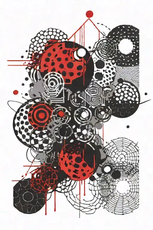 I want a tattoo on my right forearm in a trash polka style, honeycomb grid enso circle halftone dots wave shape tattoo design idea
