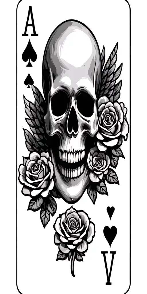 playing card: ace of hearts with a skull in the middle with a single rose in the mouth roses vintage clock flowers angel tattoo design idea