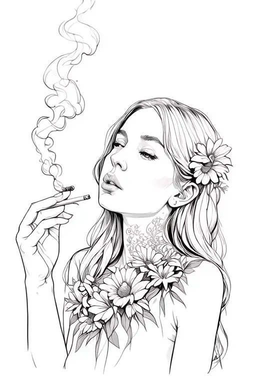 girl with long hair, flowers down neck, & cigarette in her hand looking up blowing smoke in shape of man close to her tattoo design idea