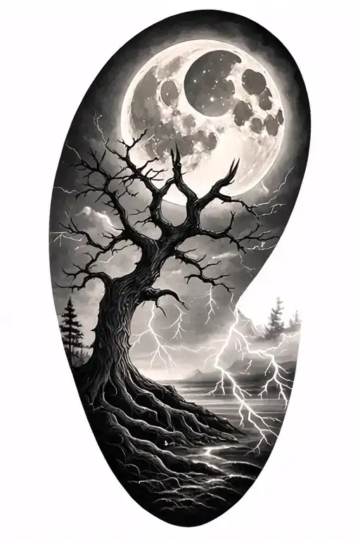 viking rume and moon and tree and lightning bolt striking tattoo design idea