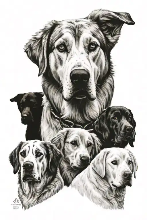 husky sat with a Labrador and spaniel tattoo design idea