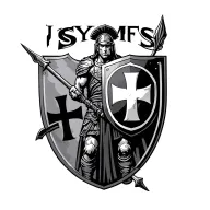 "ISYMFS" spartan warrior holding a shield and spear with Maltese cross on the shield  tattoo design idea