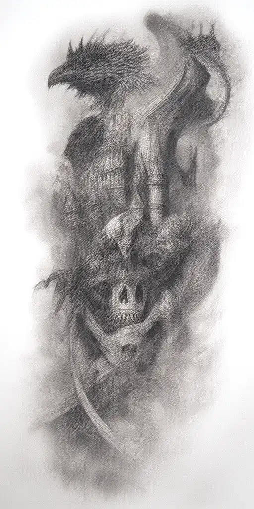fantasy sleeve including a large dragon; gothic castle, small raven perched on a skull. sword and crown tattoo design idea