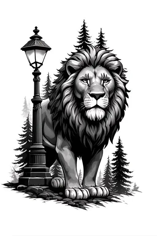 a big lion with a lamp post and lots of pine trees tattoo design idea