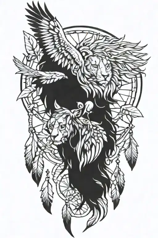 lion and parrots  flying compain dream catcher tattoo design idea