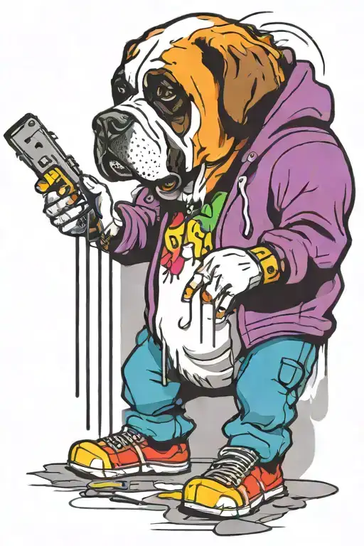 standing  graffiti artist creating a masterpiece. replace human head for st Bernard head. smaller head longer legs tattoo design idea