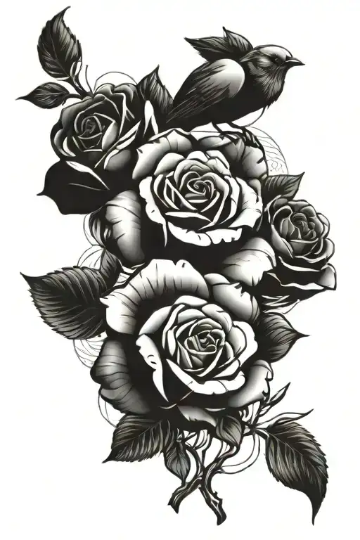 5 roses with love bird sitting tattoo design idea