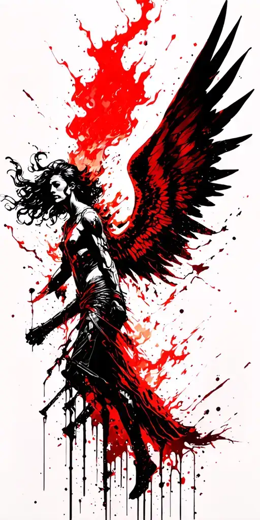 Fallen warrior angel rising from burning ashes with damaged wings and scurs, but having hope and power tattoo design idea
