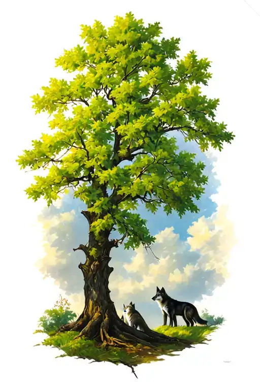 4 wolfs play leaf oak tree tattoo design idea