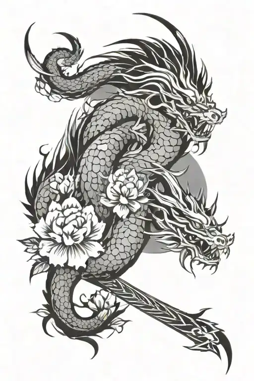 Japanese dragon surrounding a katana and zakura flowers around the forearm tattoo design idea