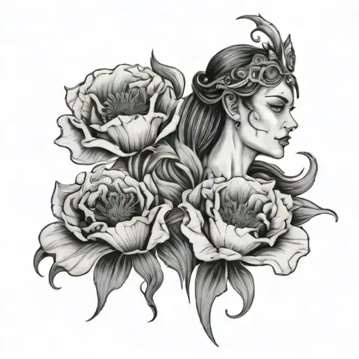 Tattoo left arm neck and left breast Poppy flower open and closed accompanied by an Atlantis warrior Tim Burt spirit tattoo design idea
