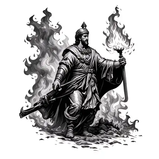 saint florian putting out fire but instead it's a forest in fire tattoo design idea