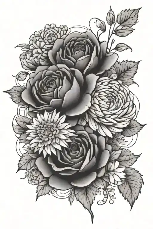 a rose, a chrysanthemum, and a aster tattoo design idea