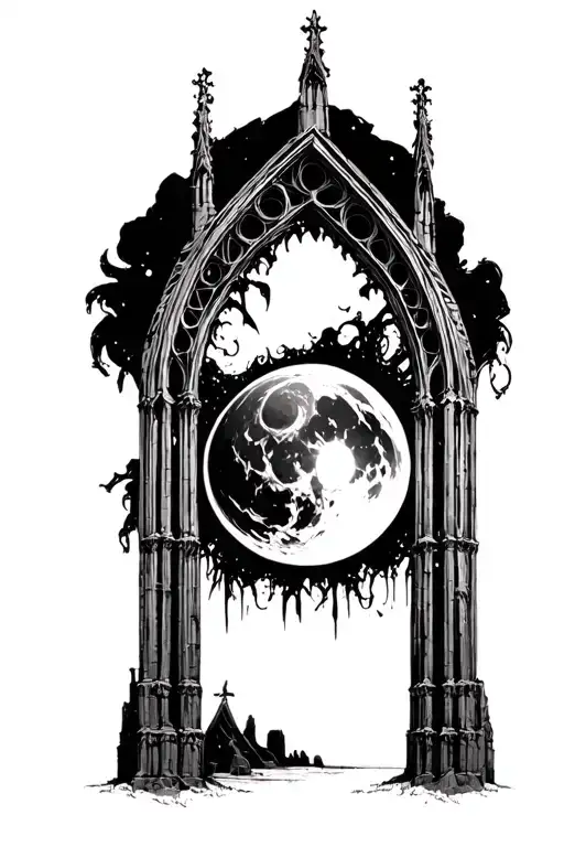 gothic cathedral arch, with berserk eclipse within, high detail, horror tattoo design idea