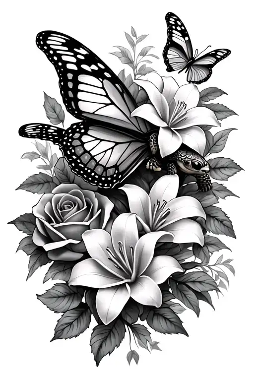 butterfly’s and turtles with lilys and roses intertwined tattoo design idea