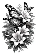 butterfly’s and turtles with lilys and roses intertwined tattoo design idea