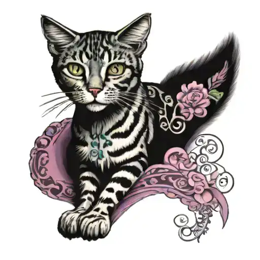 Skinny female tabby cat portrait, blue black green purple pink white, spot on face, tattoo design idea