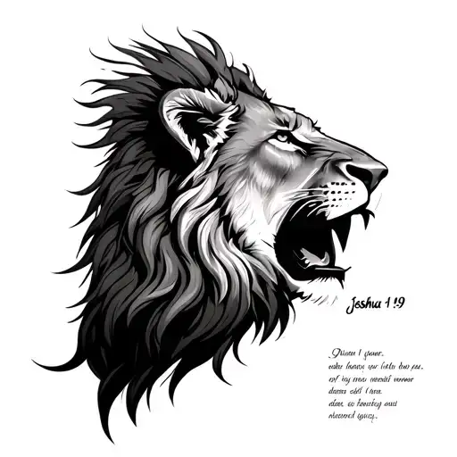lion head with bible verse in mouth open joshua 1:9 verse tattoo design idea