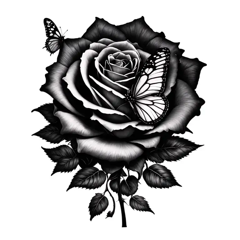 Tattoo project, realistic pencil drawing, a beautiful rose with a butterfly and some arabesques, white background tattoo design idea