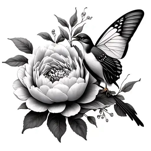 can you make a concept style tattoo with these things combined: a lark bird, a peony, and a butterfly flower. make it bl tattoo design idea