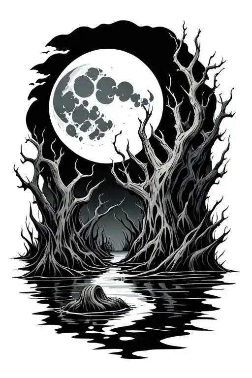 evil swamp with moon tattoo design idea