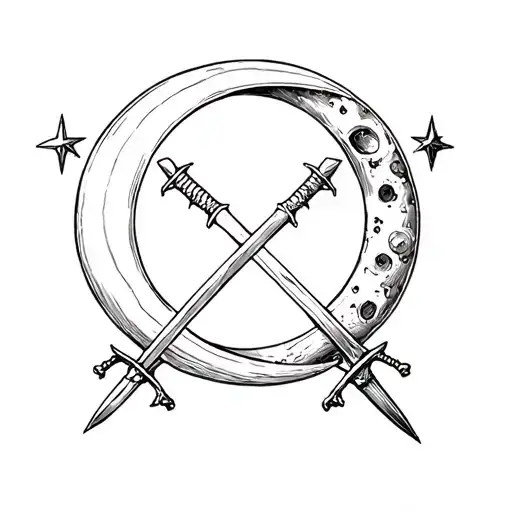 moon and stars with swords crossing tattoo design idea