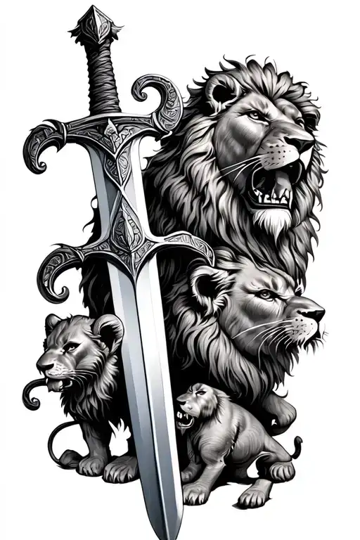 Viking sword going down back with lion and cubs tattoo design idea