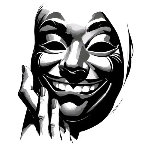 a happy drama mask with a hand over top of it with a very beautiful hand, clear skin, perfectly filed nails as well. tattoo design idea