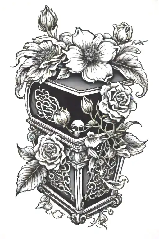 3d tattoo of a casket with a aingle flower inside the casket tattoo design idea