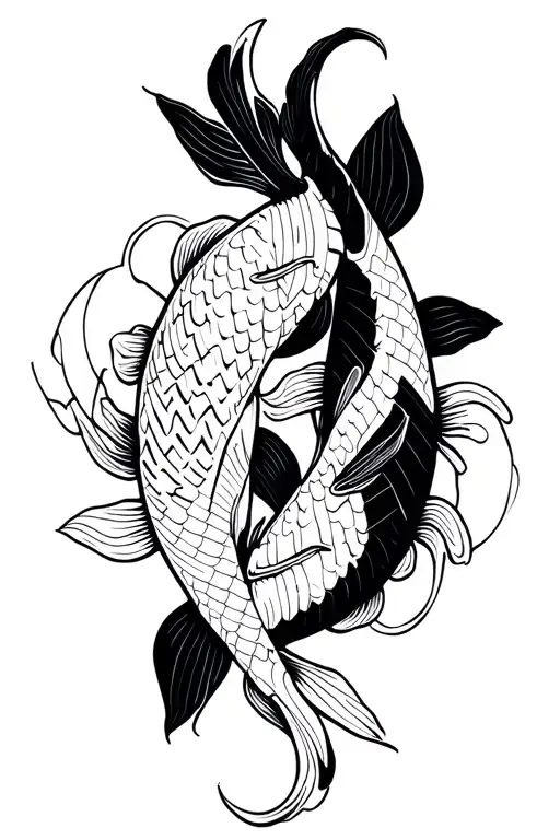 two koi fish swimming around each other side, lily, trident  tattoo design idea