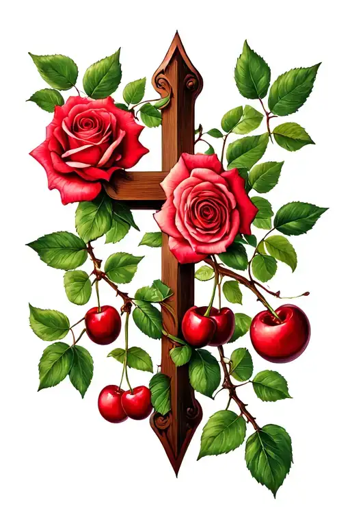 Cross, The Viruvian Man, Rose Flower, Rose Leaves, Rose Vines,  Cherry Fruits tattoo design idea
